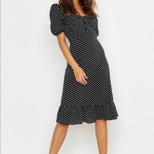 Puff Sleeve Ruffle Hem Polka Dot Midi Dress
